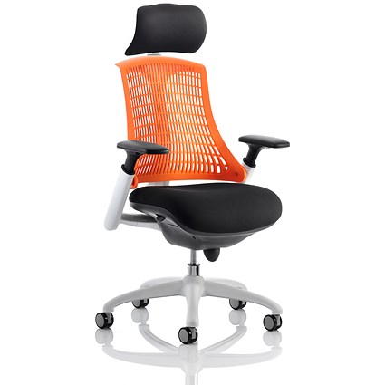Flex Task White Frame & Black Seat Operator Chair, Headrest, Height Adjustable Arms, Orange Back