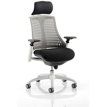 Flex Task White Frame & Black Seat Operator Chair, Headrest, Height Adjustable Arms, Grey Back