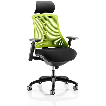 Flex Task Black Frame & Seat Operator Chair, Headrest, Height Adjustable Arms, Green Back