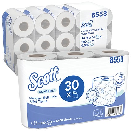 Scott Control Toilet Tissue Standard Roll, 3-Ply, 300 Sheets Per Roll, White, Pack of 30