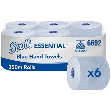 Scott Essential 1-Ply Rolled Paper Hand Towel Roll, 350m, Blue, Pack of 6