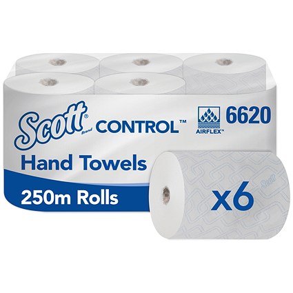 Scott Control 1-Ply Hand Towel Roll, 250m, White, Pack of 6