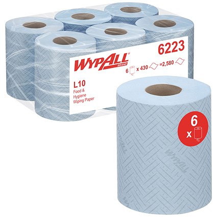 Wypall L10 1-Ply Food and Hygiene Centrefeed Paper Roll, 163m, Blue, Pack of 6