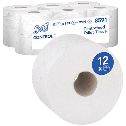Scott Control Toilet Tissue Centrefeed Roll, 2-Ply, 833 Sheets, Pack of 12