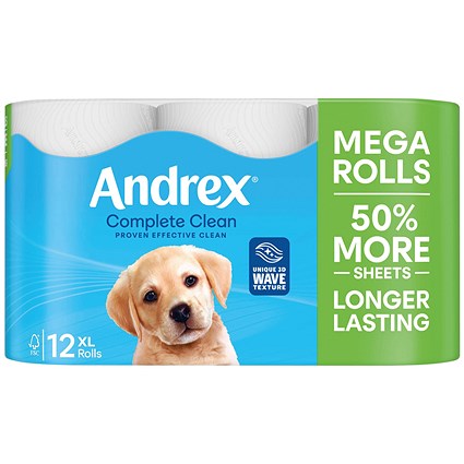 Andrex Complete Clean Mega Toilet Roll, 2-Ply, 290 Sheets Per Roll, Pack of 12