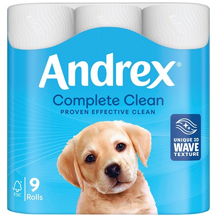 Andrex Complete Clean Toilet Roll, 2-Ply, 190 Sheets Per Roll, Pack of 9