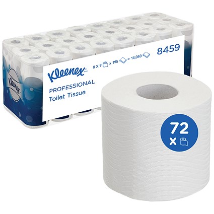 Kleenex Toilet Rolls, 3-Ply, 195 Sheets Per Roll, Pack of 72
