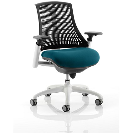 Flex Task Black Back White Frame Operator Chair, Height Adjustable Arms, Maringa Teal Flex Task Black Back White Frame Operator Chair, Height Adjustable Arms, Maringa Teal
