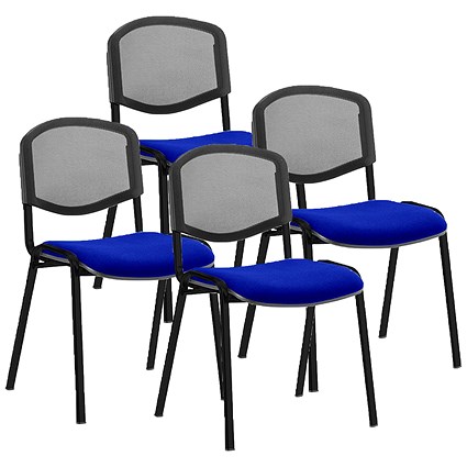 ISO Black Frame Mesh Back Stacking Chair, Stevia Blue Fabric Seat, Pack of 4