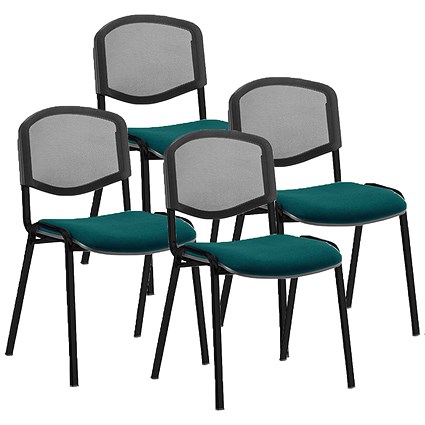 ISO Black Frame Mesh Back Stacking Chair, Maringa Teal Fabric Seat, Pack of 4