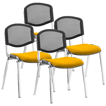 ISO Chrome Frame Mesh Back Stacking Chair, Senna Yellow Fabric Seat, Pack of 4