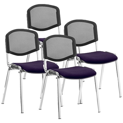 ISO Chrome Frame Mesh Back Stacking Chair, Tansy Purple Fabric Seat, Pack of 4