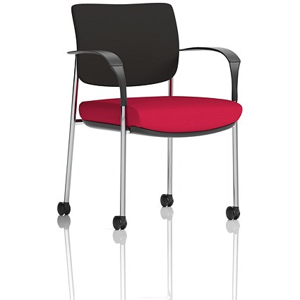 Brunswick Deluxe Visitors Chair, Chrome Frame, Black Back, Arms and Castors, Bergamot Cherry