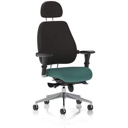 Chiro Plus High Black Back Chair With Headrest, Height Adjustable Arms, Quest Kelp