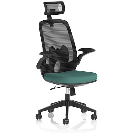 Sigma Executive Mesh Back Chair With Headrest, Folding Arms, Quest Kelp