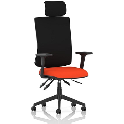 Orlena High Black Back Task Operator Chair, Headrest, Height Adjustable Arms, Tabasco Orange