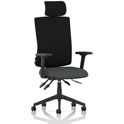 Orlena High Black Back Task Operator Chair, Headrest, Height Adjustable Arms, Quest Mussel