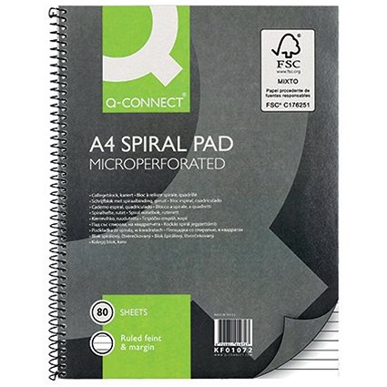 Q-Connect Wirebound Pad, A4, Ruled Feint & Perforated, 160 Pages, Grey, Pack of 5