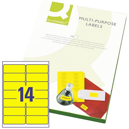 Q-Connect Multi-Purpose Labels, 14 Per Sheet, 99.1x38mm.1, Neon Yellow, 1400 Labels