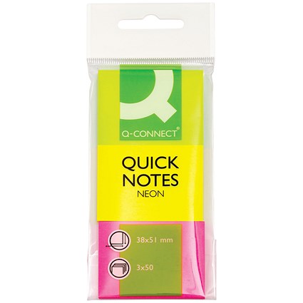 Q-Connect Quick Notes, 38 x 51mm, Neon, Pack of 3 x 50 Notes