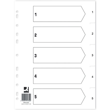 Q-Connect Plastic Index Dividers, 1-5, Clear Tabs, A4, White (Pack of 25) Q-Connect Plastic Index Dividers, 1-5, Clear Tabs, A4, White (Pack of 25)