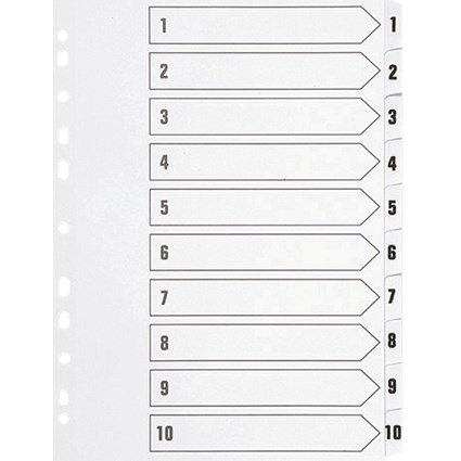 Q-Connect Plastic Index Dividers, 1-10, Clear Tabs, A4, White