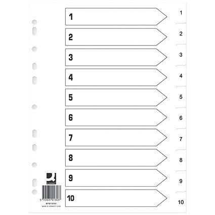 Q-Connect Plastic Index Dividers, 1-10, Clear Tabs, A4, White (Pack of 25)