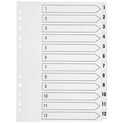 Q-Connect Plastic Index Dividers, 1-12, Clear Tabs, A4, White