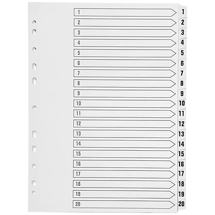 Q-Connect Plastic Index Dividers, 1-20, Clear Tabs, A4, White