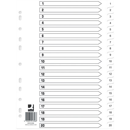 Q-Connect Plastic Index Dividers, 1-20, Clear Tabs, A4, White (Pack of 10)