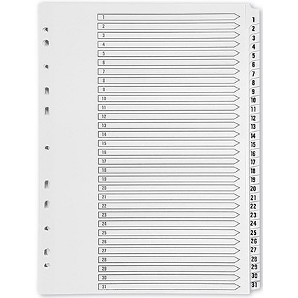 Q-Connect Plastic Index Dividers, 1-31, Clear Tabs, A4, White