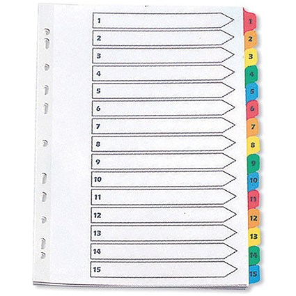 Q-Connect Reinforced Board Index Dividers, 1-15, Multicolour Tabs, A4, White