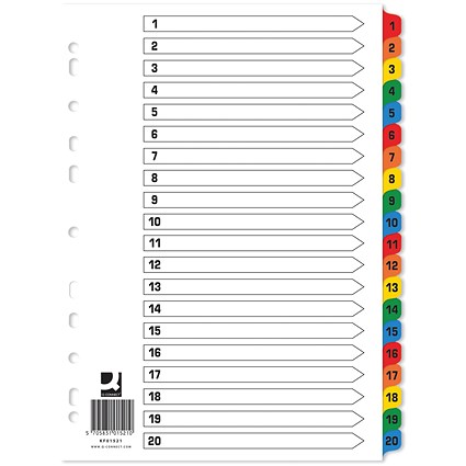 Q-Connect Reinforced Board Index Dividers, 1-20, Multicolour Tabs, A4, White, Pack of 10