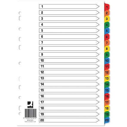 Q-Connect Reinforced Board Index Dividers, 1-20, Multicolour Tabs, A4, White(Pack of 10)