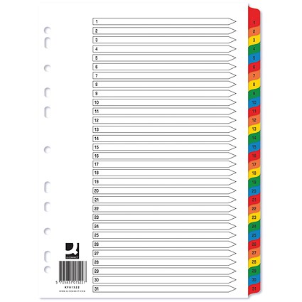 Q-Connect Index Dividers, 1-31, Multicolour Tabs, A4, White