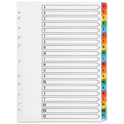 Q-Connect Reinforced Board Index Dividers, A-Z, Multicolour Tabs, A4, White