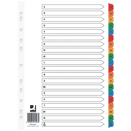 Q-Connect Reinforced Board Index Dividers, A-Z, Multicolour Tabs, A4, White, Pack of 10