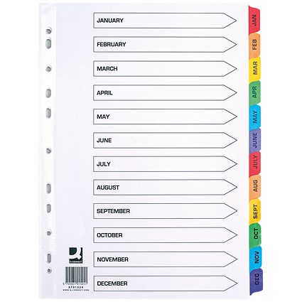 Q-Connect Reinforced Board Index Dividers, Jan-Dec, Multicolour Tabs, A4, White Q-Connect Reinforced Board Index Dividers, Jan-Dec, Multicolour Tabs, A4, White