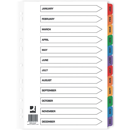Q-Connect Reinforced Board Index Dividers, Jan-Dec, Multicolour Tabs, A4, White (Pack of 20)