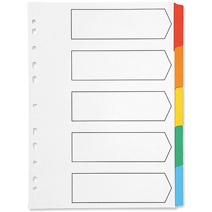 Q-Connect Reinforced Board Subject Dividers, 5-Part, Blank Multicolour Tabs, A4, White