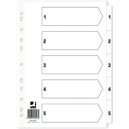 Q-Connect Reinforced Board Index Dividers, 1-5, Clear Tabs, A4, White (Pack of 50) Q-Connect Reinforced Board Index Dividers, 1-5, Clear Tabs, A4, White (Pack of 50)