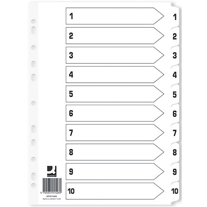 Q-Connect Reinforced Board Index Dividers, 1-10, Clear Tabs, A4, White (Pack of 25)