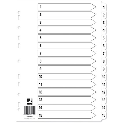 Q-Connect Reinforced Board Index Dividers, 1-15, Clear Tabs, A4, White