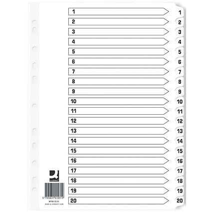 Q-Connect Reinforced Board Index Dividers, 1-20, Clear Tabs, A4, White (Pack of 10) Q-Connect Reinforced Board Index Dividers, 1-20, Clear Tabs, A4, White (Pack of 10)