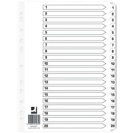 Q-Connect Reinforced Board Index Dividers, 1-20, Clear Tabs, A4, White (Pack of 10)