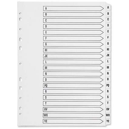 Q-Connect Reinforced Board Index Dividers, A-Z, Clear Tabs, A4, White