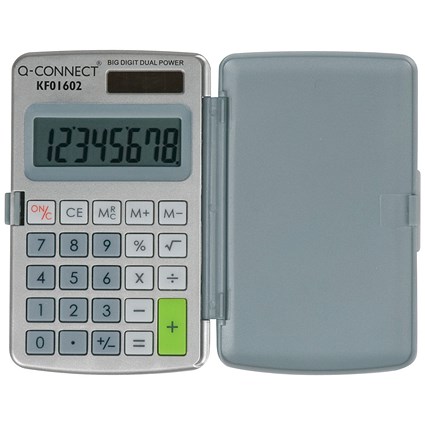 Q-Connect Pocket Calculator, 8 Digit, Solar and Battery Power, Grey