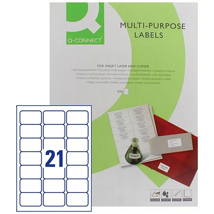 Q-Connect Multi-Purpose Labels, 21 Per Sheet, 63.5x38.15mm,White, 10500 Labels