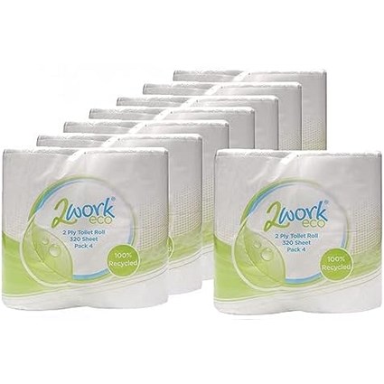 2Work Recycled Toilet Roll, 2-Ply, 320 Sheet Rolls, Pack of 36