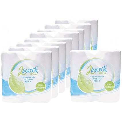 2Work Recycled Toilet Roll, 2-Ply, 200 Sheet Rolls, Pack of 36
